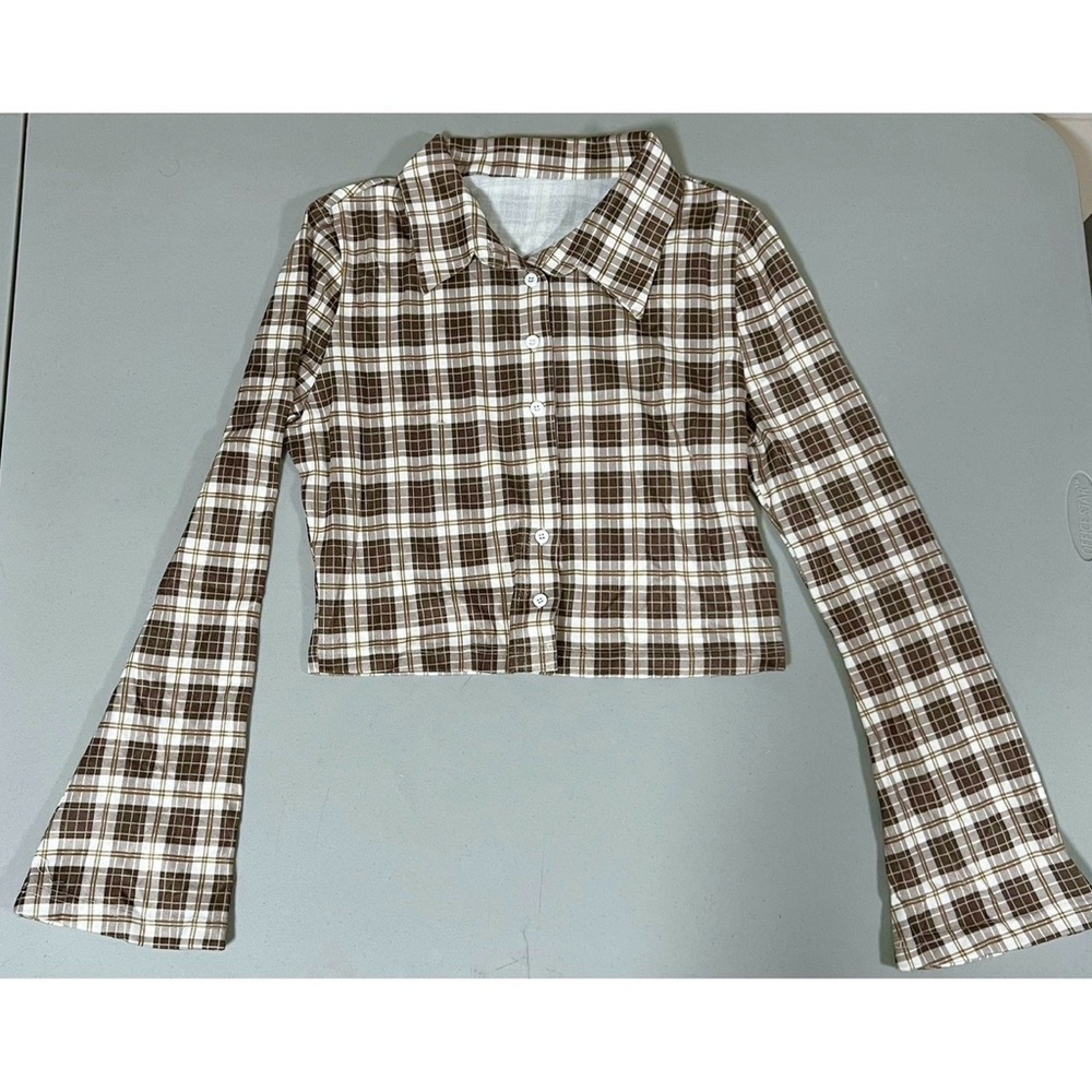 Brown Plaid Checkered Collared Button-Down Long S… - image 3